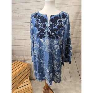 Chico’s Sz 1 (8/10) Tunic 3/4 Sleeve Chambray Embroidered Denim Floral Blue Boho